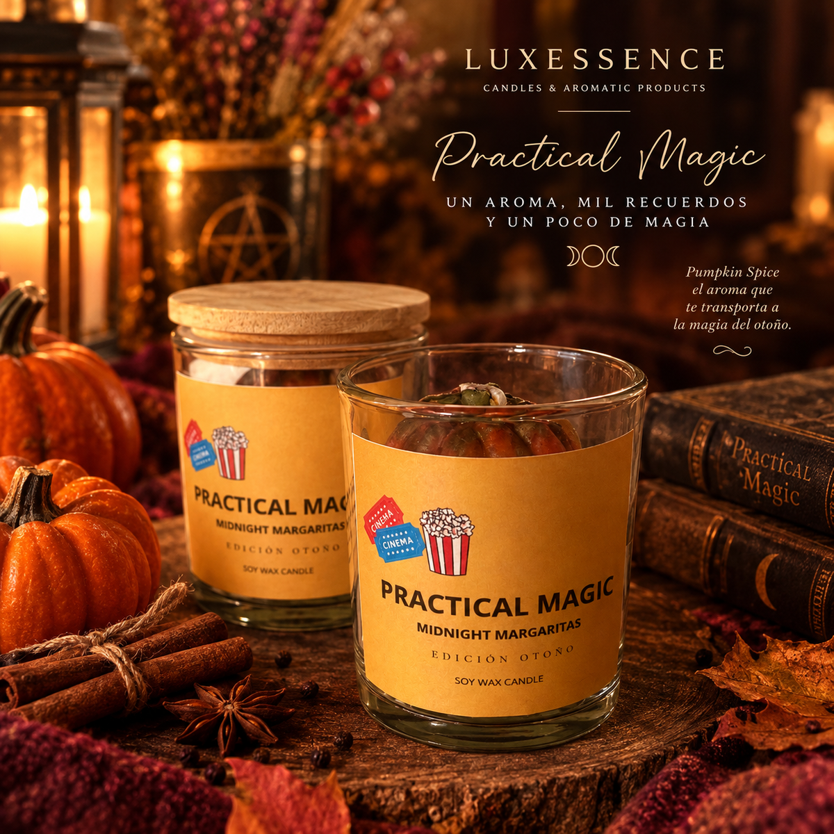 Vela artesanal de soja Warm Autumn Practical Magic, aroma Pumpkin Spice, edición otoño LUXESSENCE
