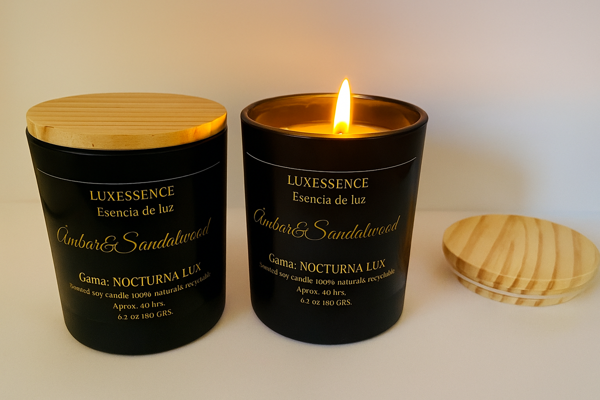 Ámbar & Sandalwood · Vela artesanal de soja · Ámbar & Sándalo